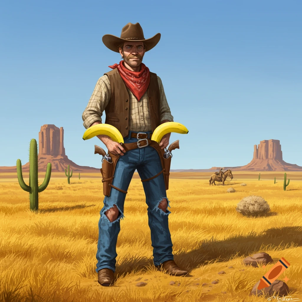 A cowboy in a desert with mountains and cacti, holding two yellow bananas like pistols in his holsters.