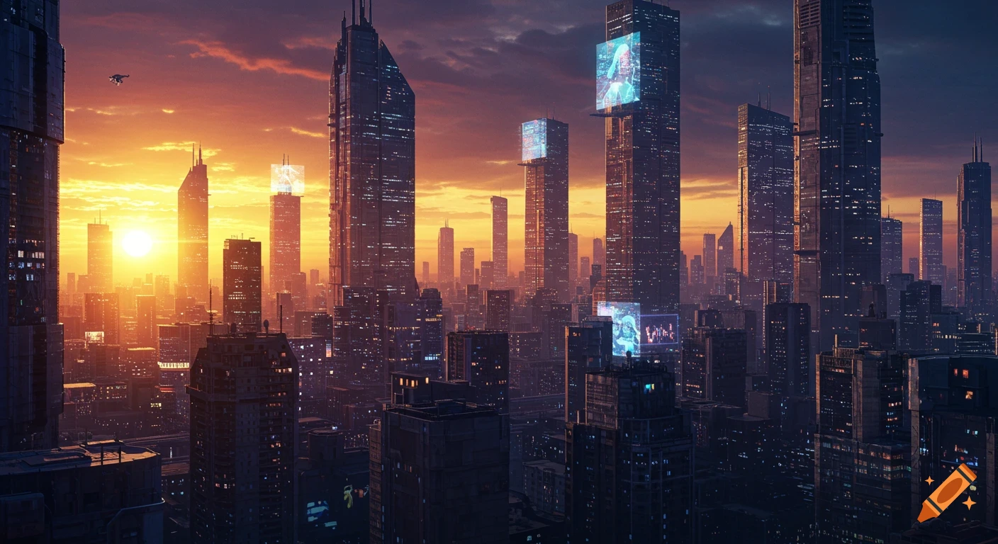 A hyper-realistic digital artwork of a futuristic city skyline at sunset with towering skyscrapers, glowing neon lights, and a bright orange sky.