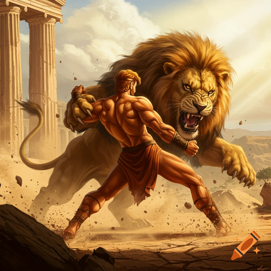 Hercules fights a roaring Nemean lion in an epic ancient Greek landscape with crumbling ruins and dust.