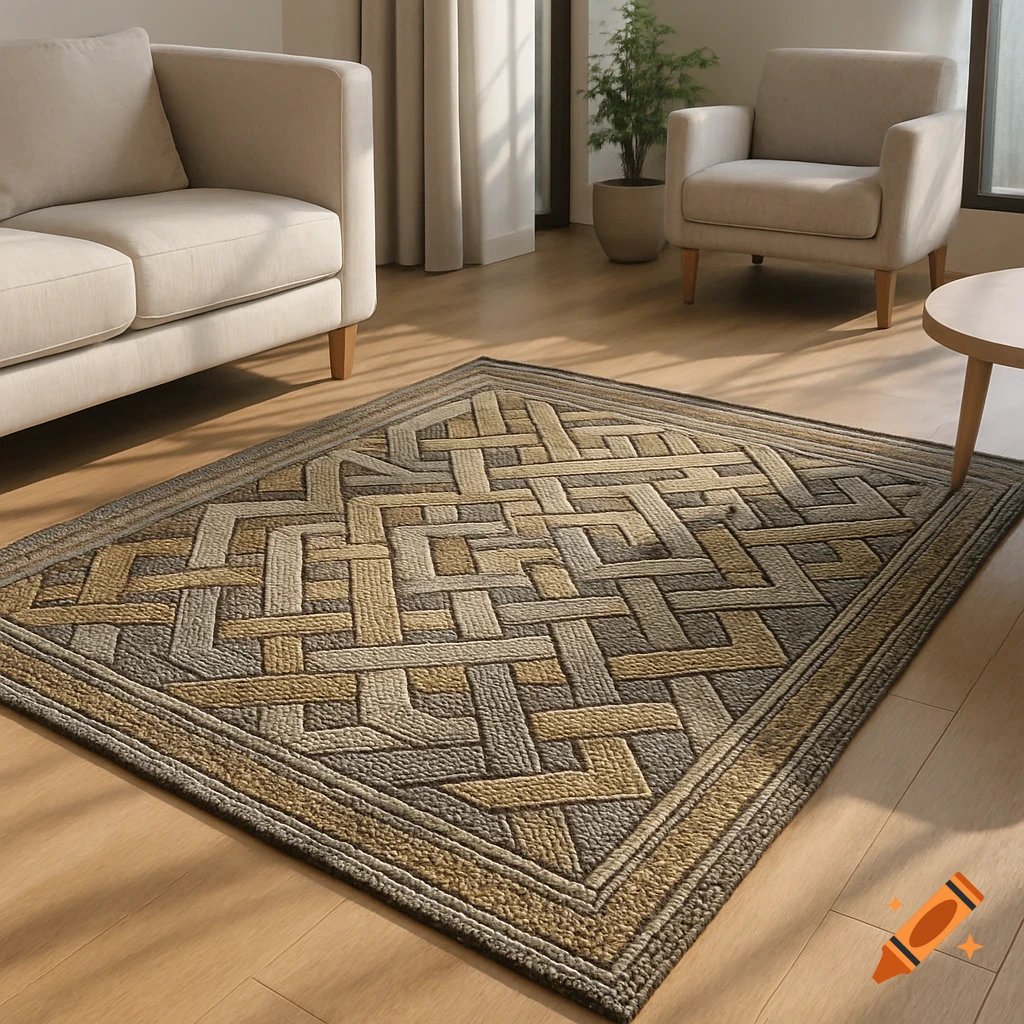 A large rectangular rug with a complex geometric pattern in brown and beige colors, laid on a wooden floor in a modern living room.