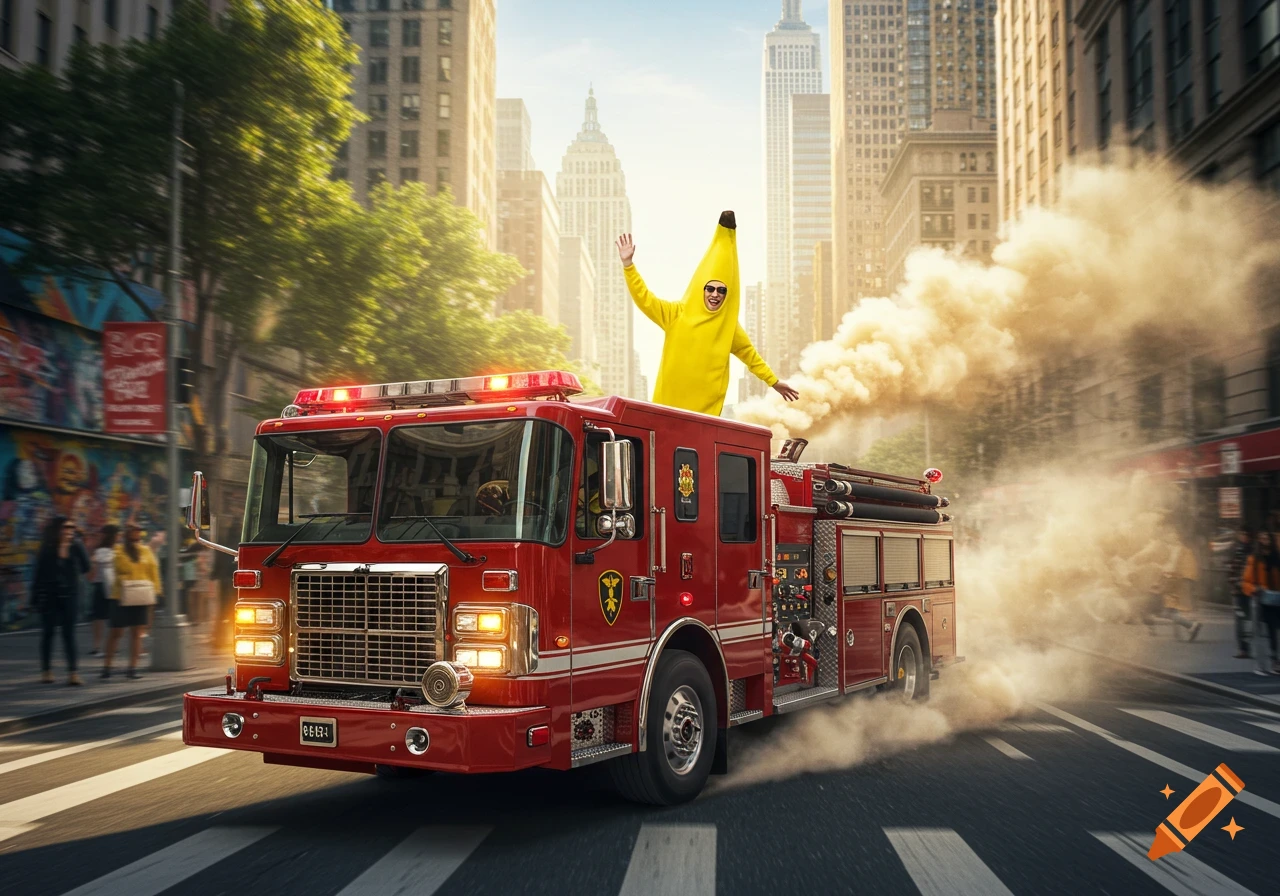 A person in a banana suit waves from a red fire truck speeding through a sunny city street with smoke.