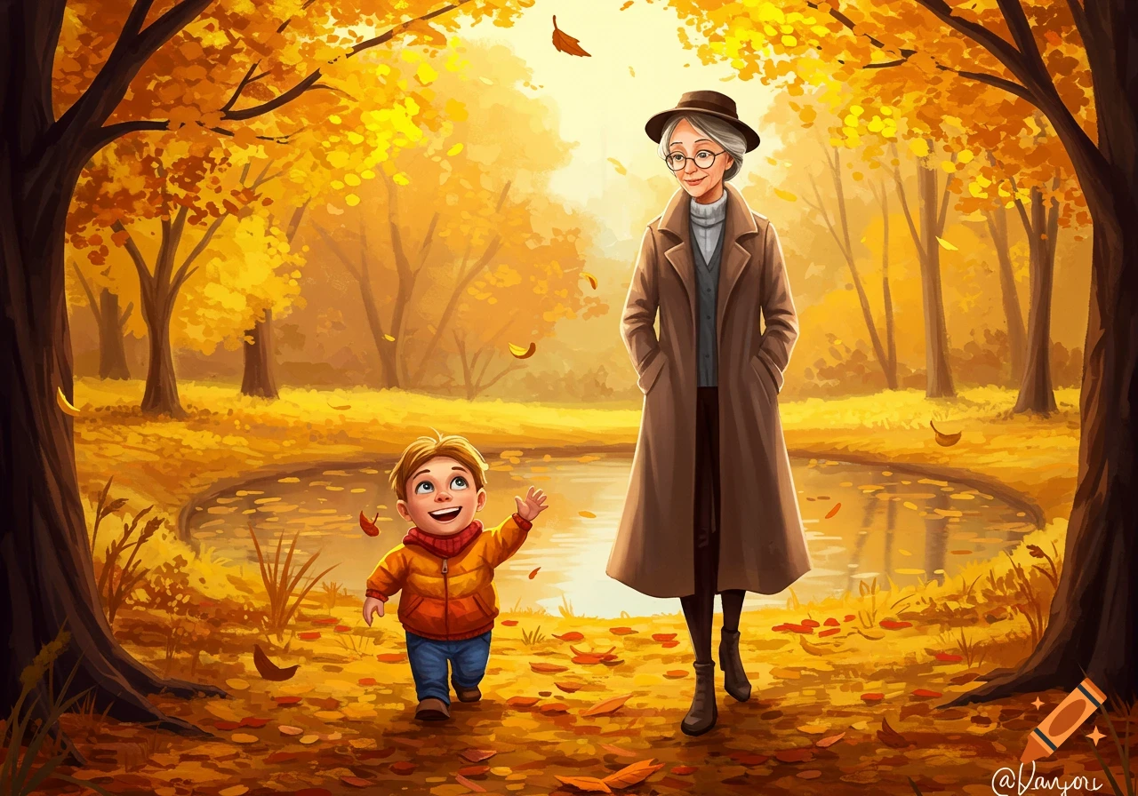 An illustration of a young boy and an older woman walking through an autumn park with golden trees and fallen leaves.