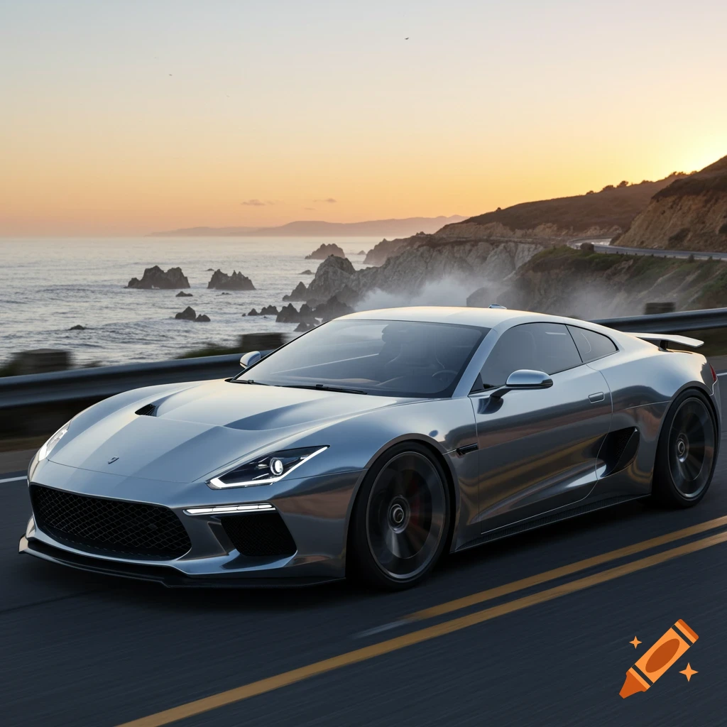 A sleek silver sports car drives on a winding coastal road at sunset, with ocean and cliffs in the background, photorealistic style.