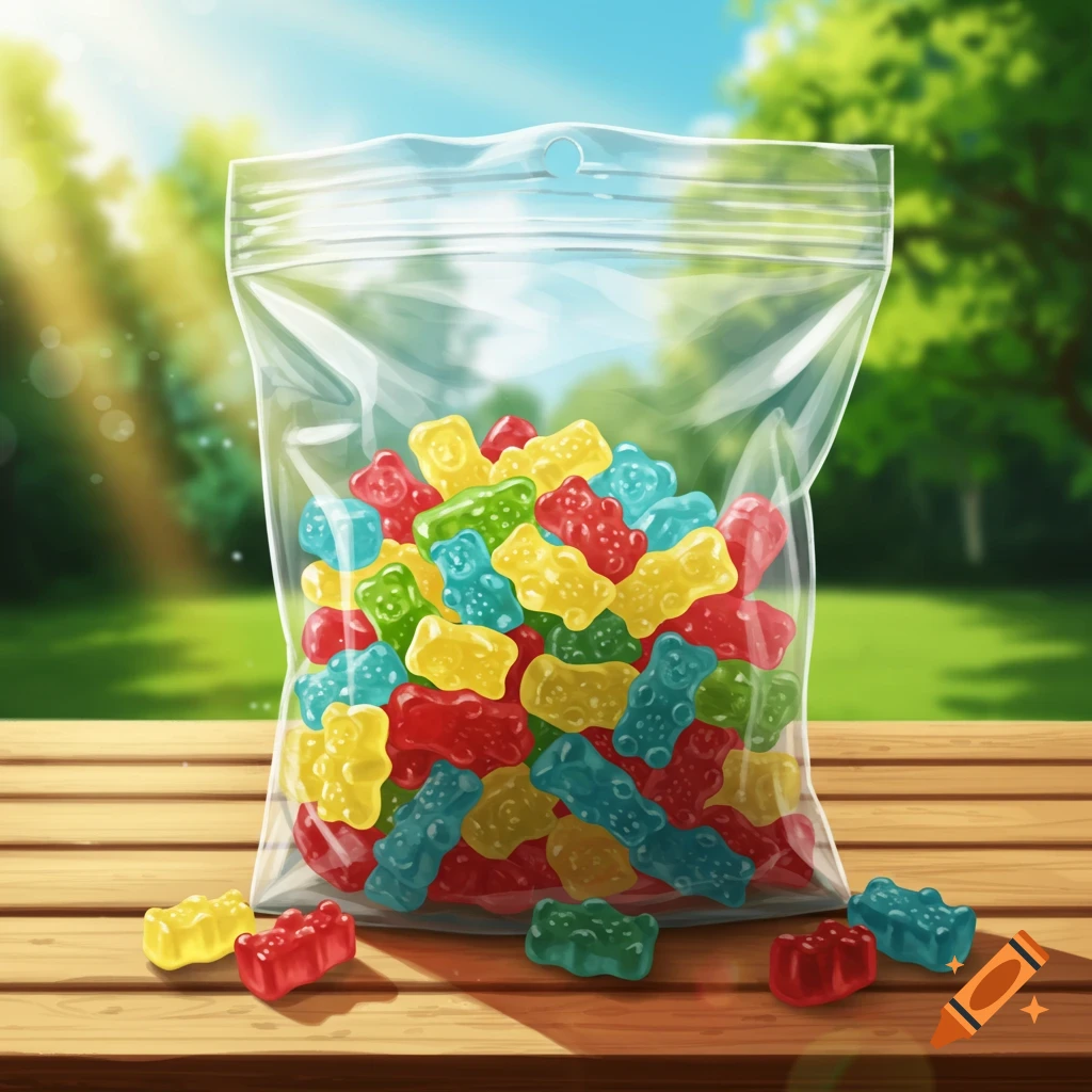 A clear plastic bag filled with colorful red, yellow, green, and blue gummy bears sits on a wooden picnic table outdoors.