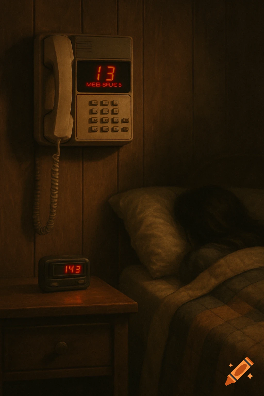 A dimly lit bedroom with a retro phone displaying 13 messages, a pager showing 143, and a person sleeping under covers.
