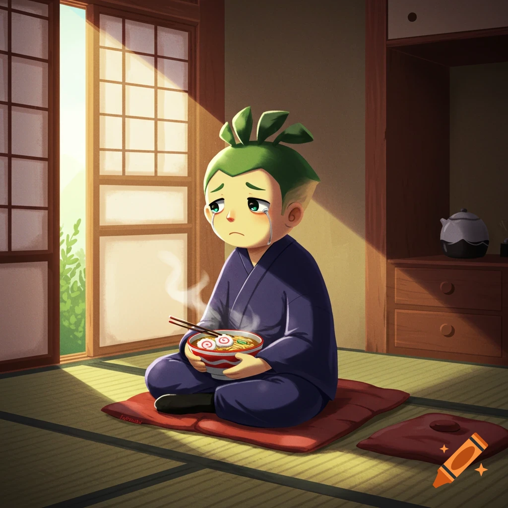 A crying cartoon boy with green spiky hair sits on a tatami mat, holding a steaming bowl of ramen in a Japanese room.