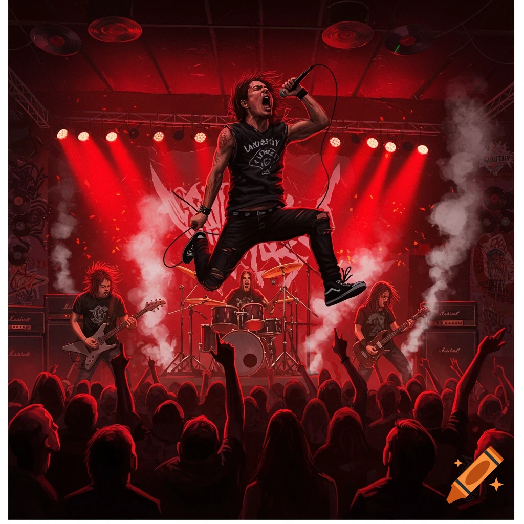 An energetic nu metal band performs on stage under red lights, with the lead singer jumping while holding a microphone. A large crowd is visible in the foreground.