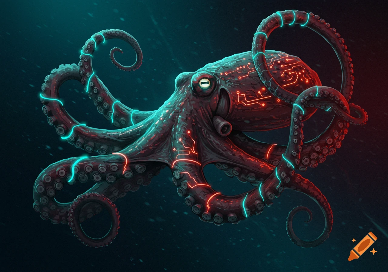 Highly detailed digital illustration of a cyberpunk octopus with glowing neon circuit patterns against a dark background.
