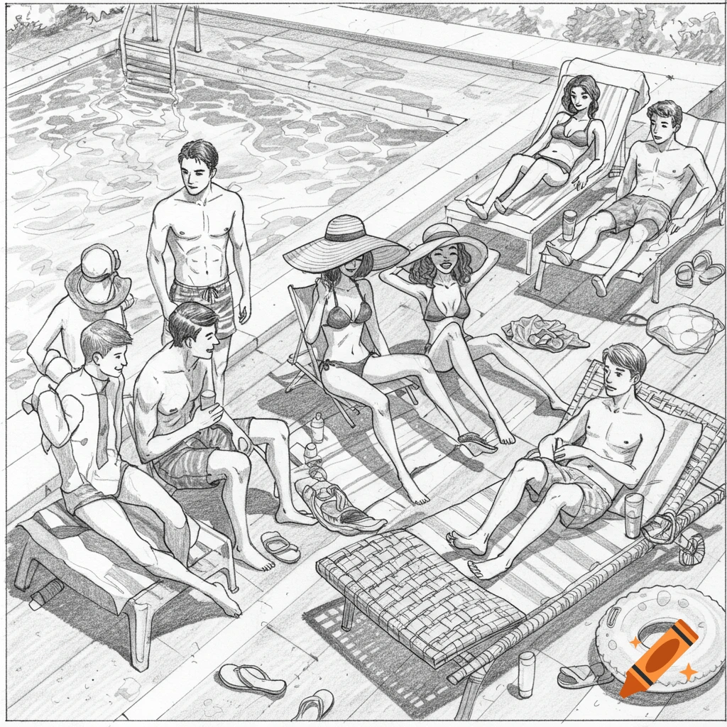 A black and white sketch drawing depicts a group of people relaxing by a swimming pool on lounge chairs.