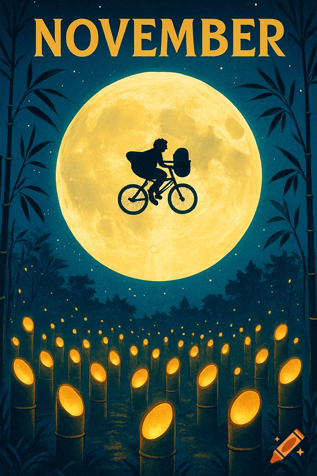 A silhouetted figure on a bicycle flies across a giant supermoon above a field of glowing bamboo lanterns at night. Text at the top reads NOVEMBER.