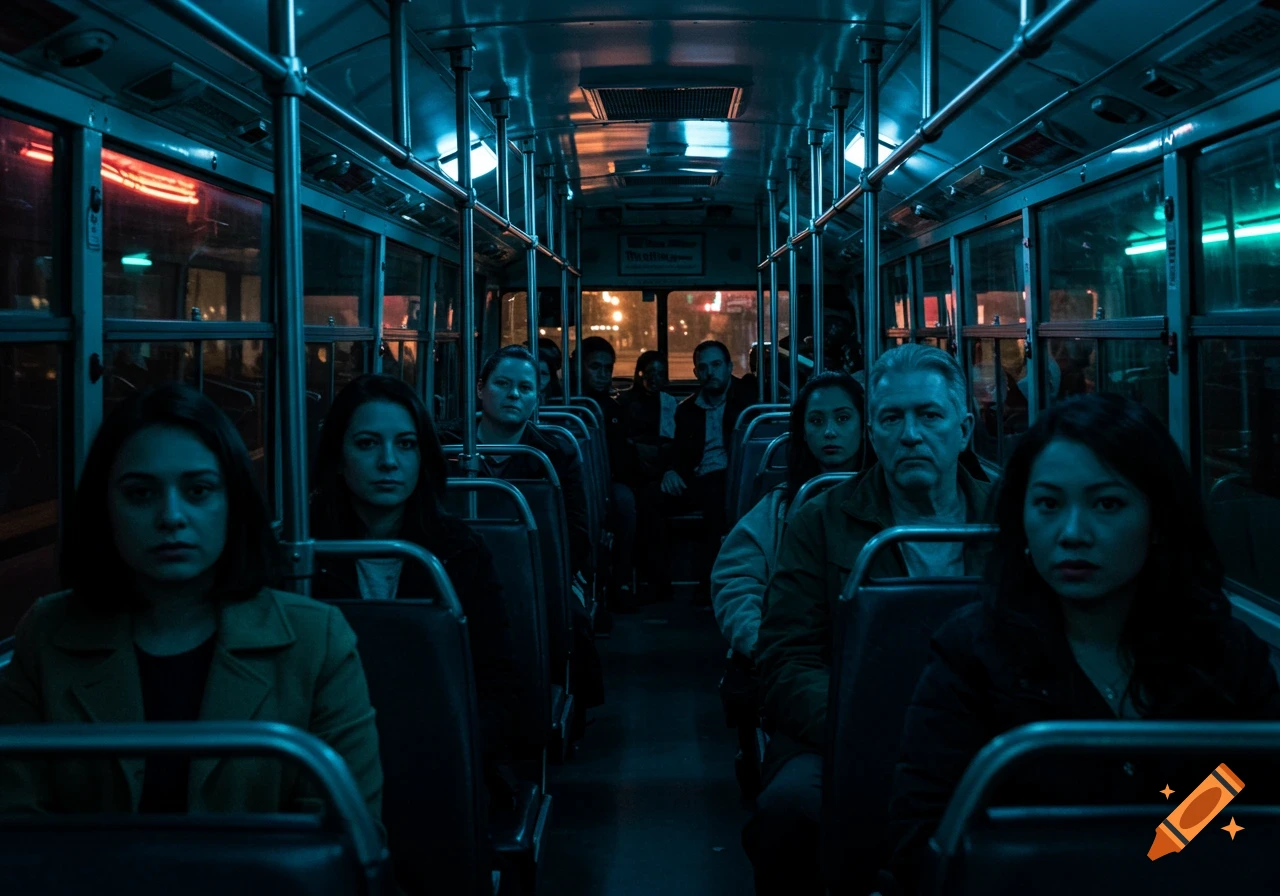 Photorealistic night view inside a city bus with diverse passengers staring intensely at the camera under dim blue and warm light.