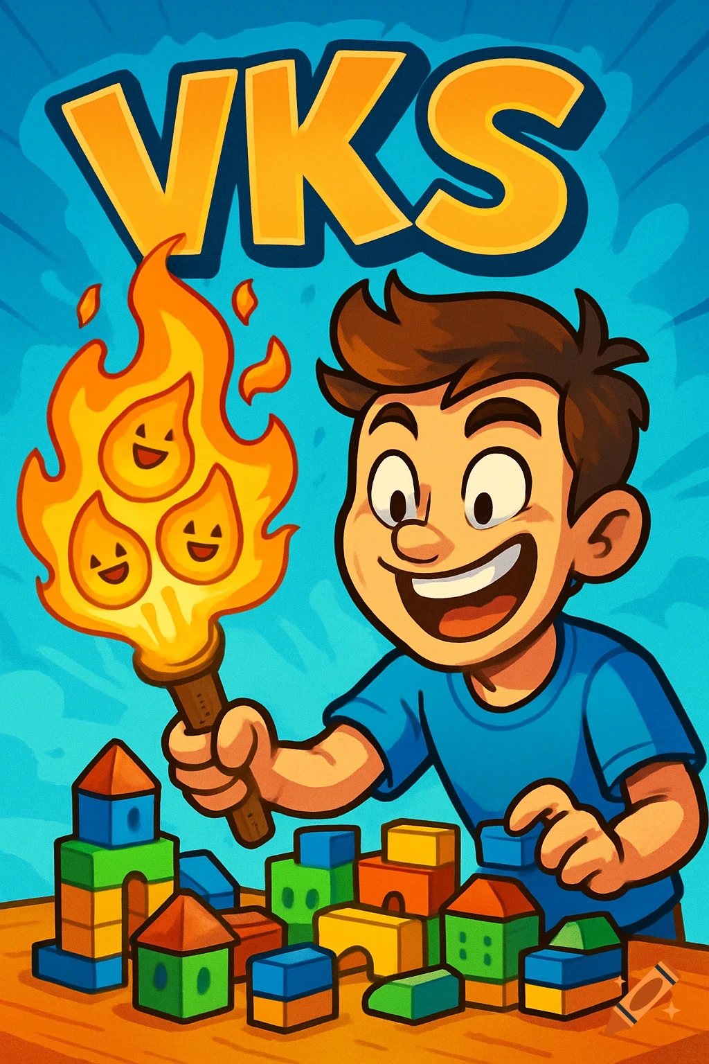 A smiling cartoon boy holds a torch with happy flames over a toy block city. Large 'VKS' text is above.