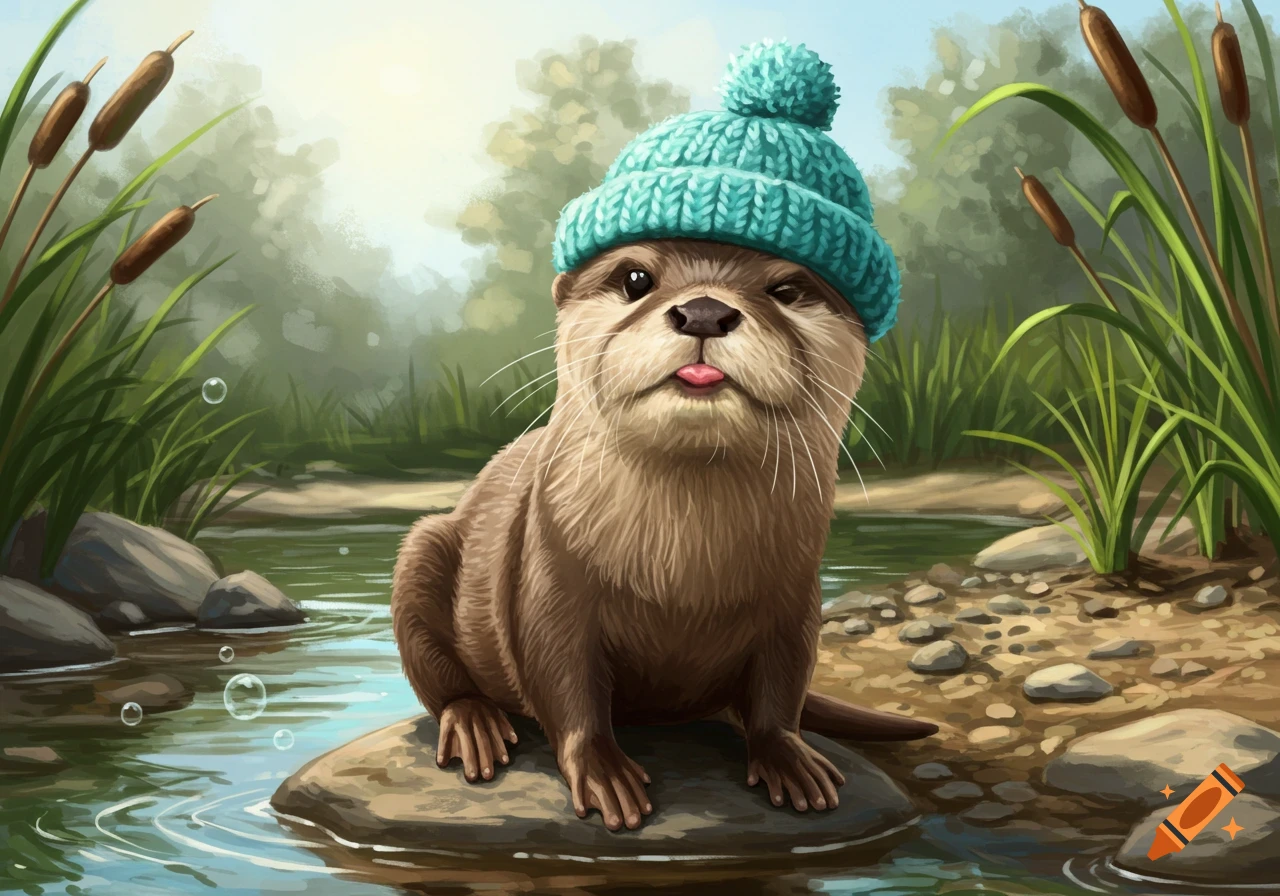 A cute otter in a teal knitted beanie sits on a rock in a stream, sticking out its tongue, amidst green foliage. Digital art.