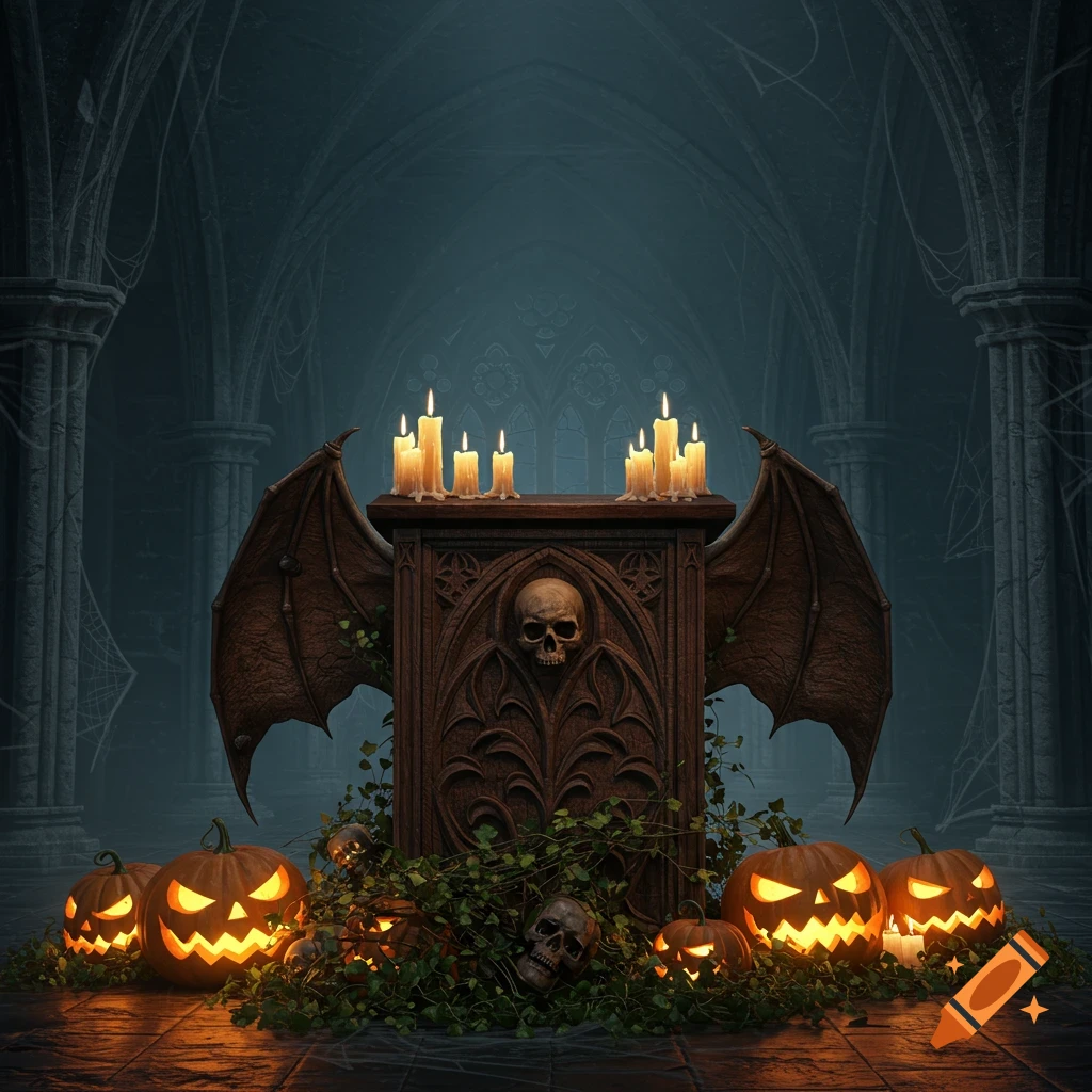 A Halloween podium with bat wings, a skull, and lit candles, surrounded by glowing carved pumpkins and ivy in a dark gothic setting.