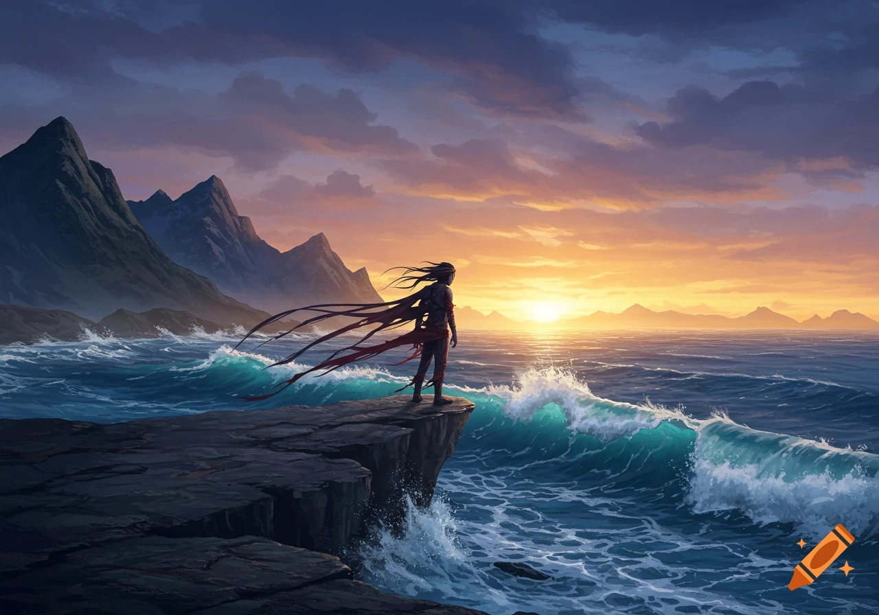 A lone figure with flowing dark hair and red cloak stands on a cliff, overlooking a turbulent ocean and mountains at sunset, digital art.