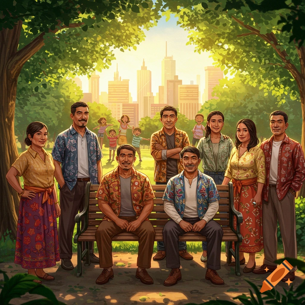An illustration of a diverse group of adults and children posing in a sunny park, with a city skyline in the distance.