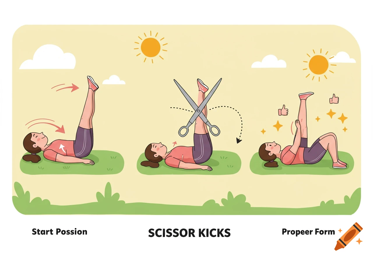 Cartoon illustration showing three steps to perform scissor kicks exercise: start position, scissor motion with legs, and proper form.