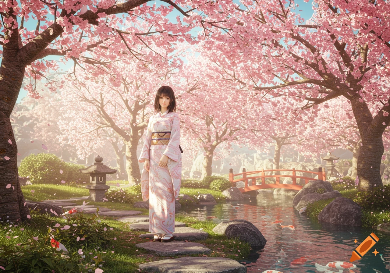 A woman in a pink kimono stands in a vibrant Japanese garden filled with cherry blossoms, a red bridge, and a koi pond.