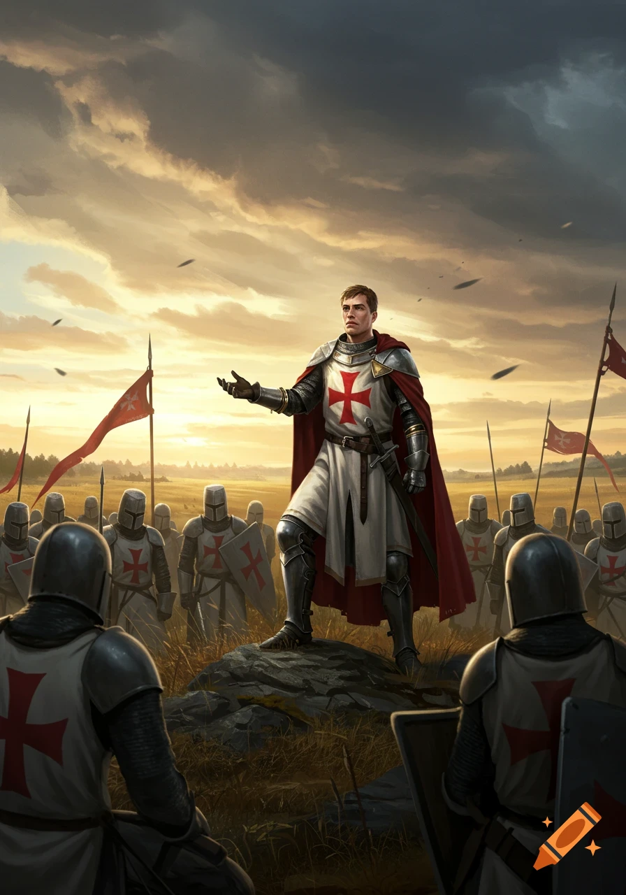 A knight Templar in shining armor gives an impassioned speech to his army of knights on a field under a dramatic sky, digital painting.