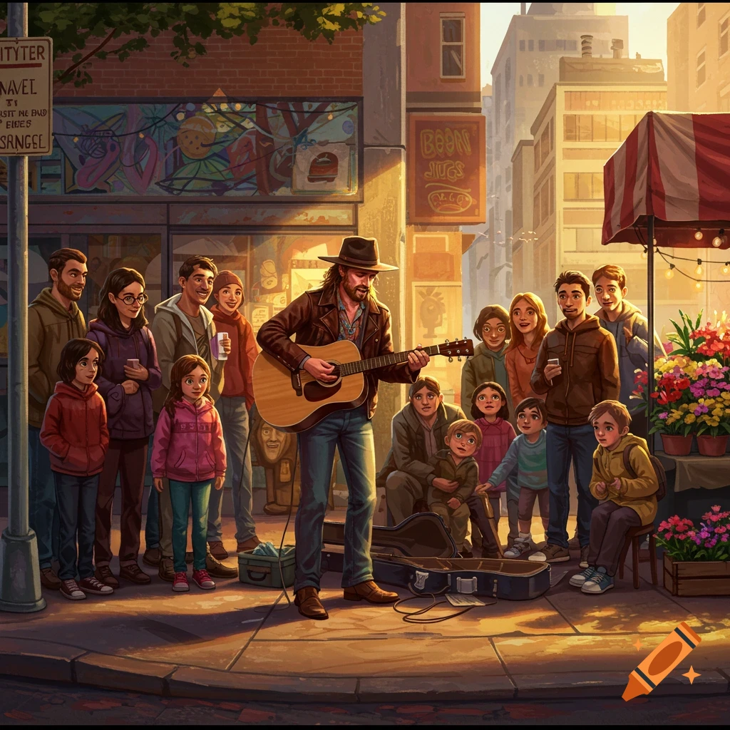 A street musician in a hat plays an acoustic guitar for a diverse crowd, including many children, on a city sidewalk at sunset. Buildings and storefronts line the street.