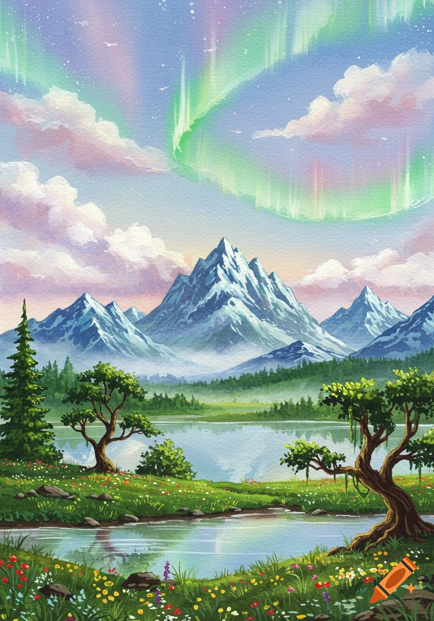 A vibrant watercolor painting of a mountain landscape with a green aurora borealis reflecting in a serene lake surrounded by trees and wildflowers.