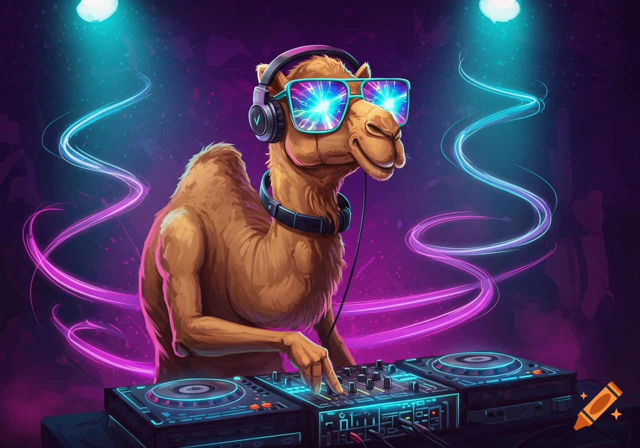 A cool cartoon camel DJ wears headphones and reflective sunglasses, mixing tracks on a turntable under vibrant neon lights.