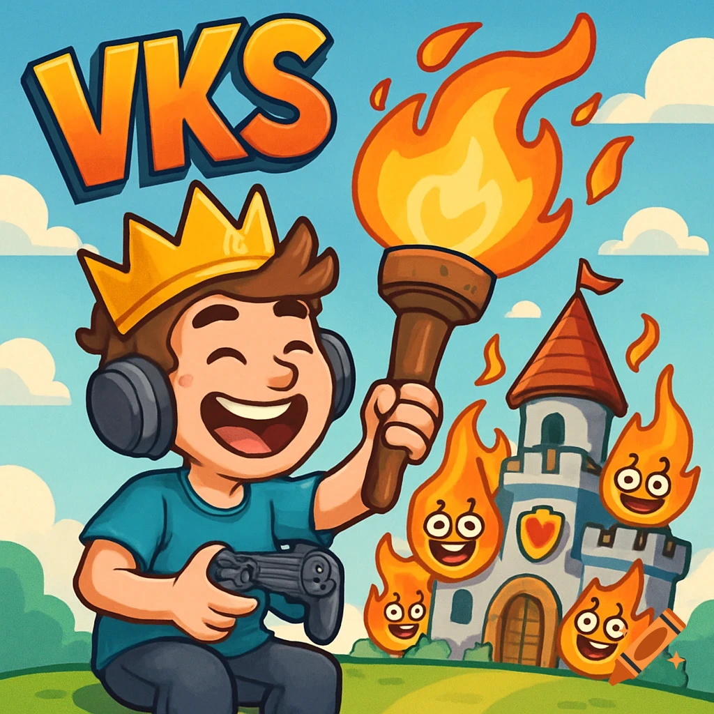 Cartoon of a young gamer in a crown and headphones, holding a torch, laughing while a cartoon castle burns with smiling flames. He holds a game controller.