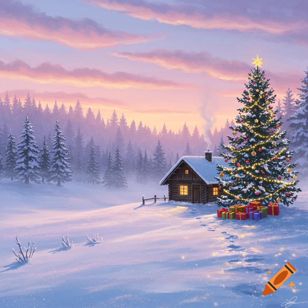 A beautiful winter landscape painting at dawn, showing a snow-covered log cabin next to a brightly decorated Christmas tree with presents.