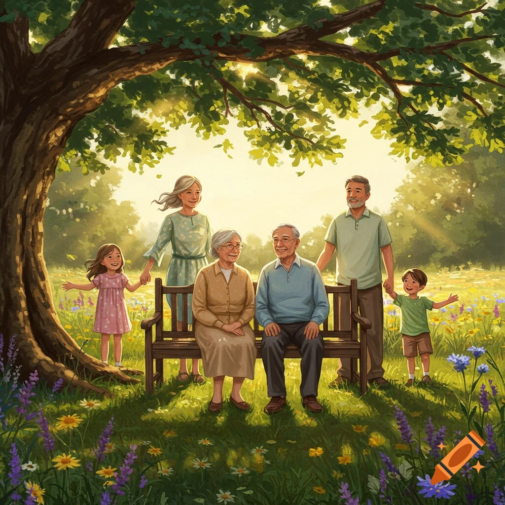 Illustrated multi-generational family gathering in a sunny, vibrant park with wildflowers under a large tree.