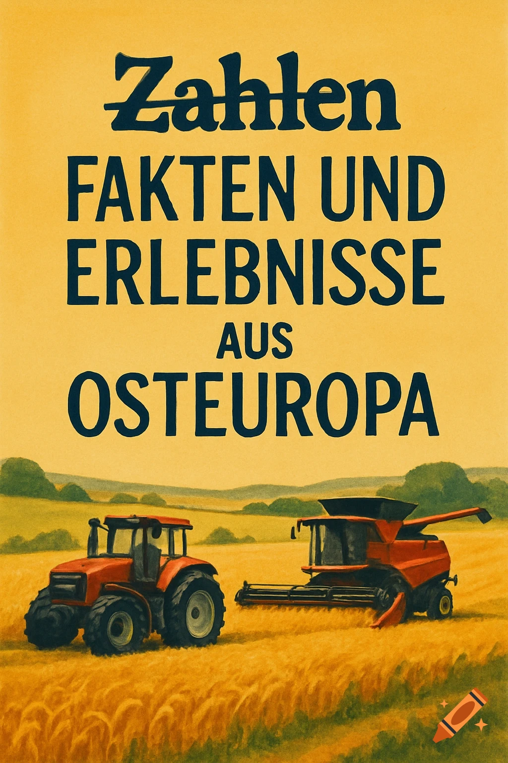 A poster with the German title "Zahlen, Fakten und Erlebnisse aus Osteuropa" (with "Zahlen" crossed out), featuring a red tractor and combine harvester in a golden field.