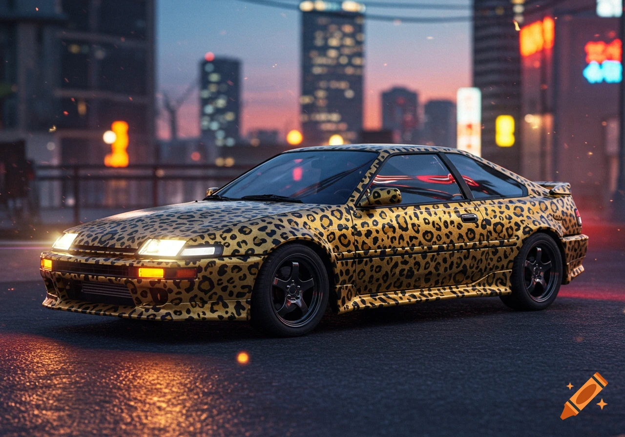 Photorealistic cheetah print coupe car on a wet city street at night, with neon reflections.