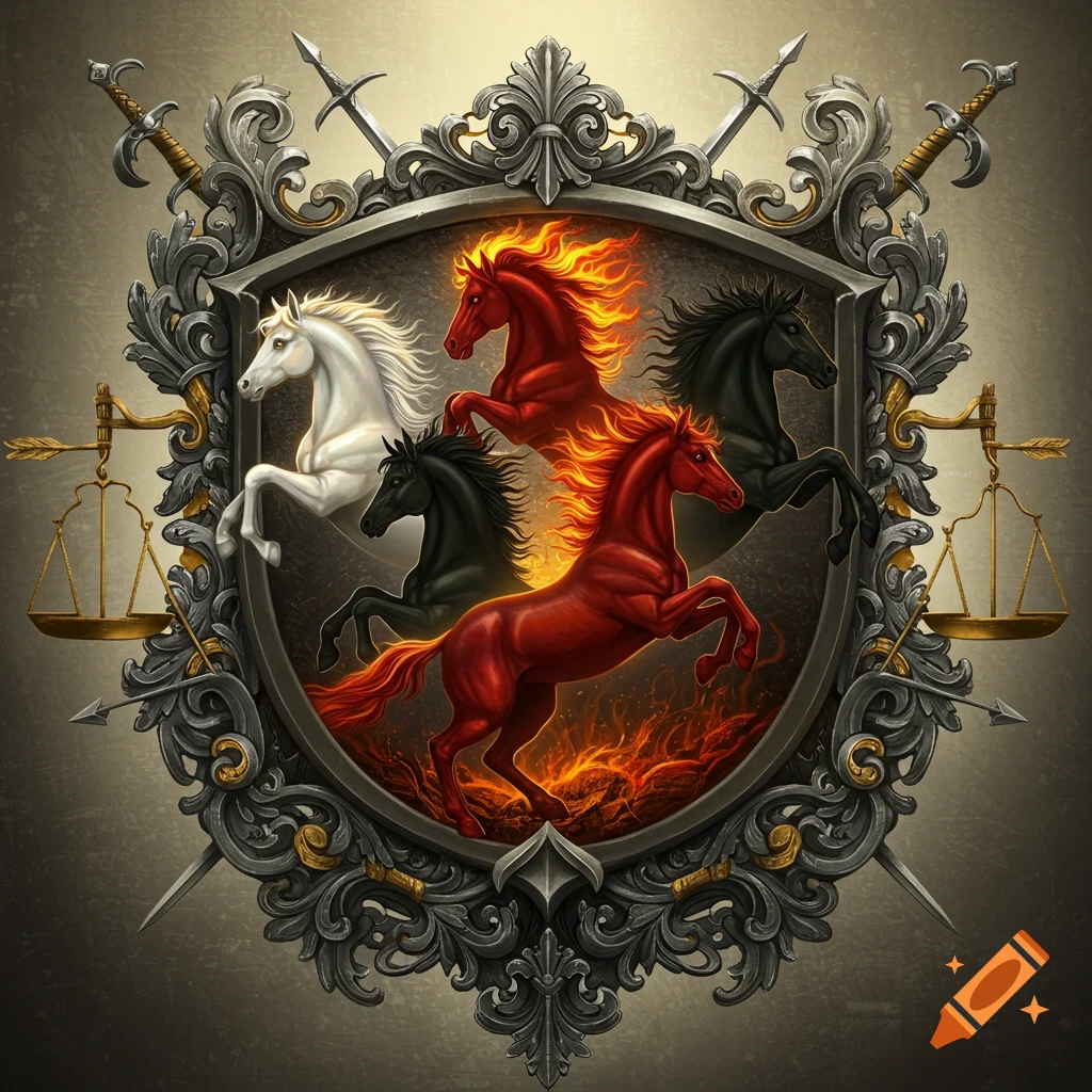 An ornate silver coat of arms shield with two flaming red horses, a white horse, and a black horse. Swords and scales frame the shield.
