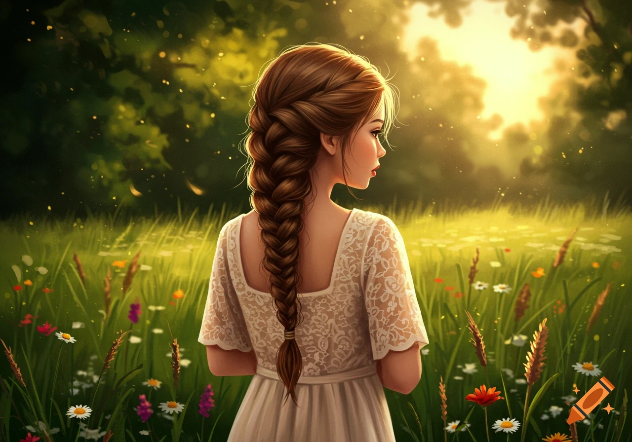 A young girl with a long brown braid stands in a sunlit field of wildflowers, looking away. Illustrated style.