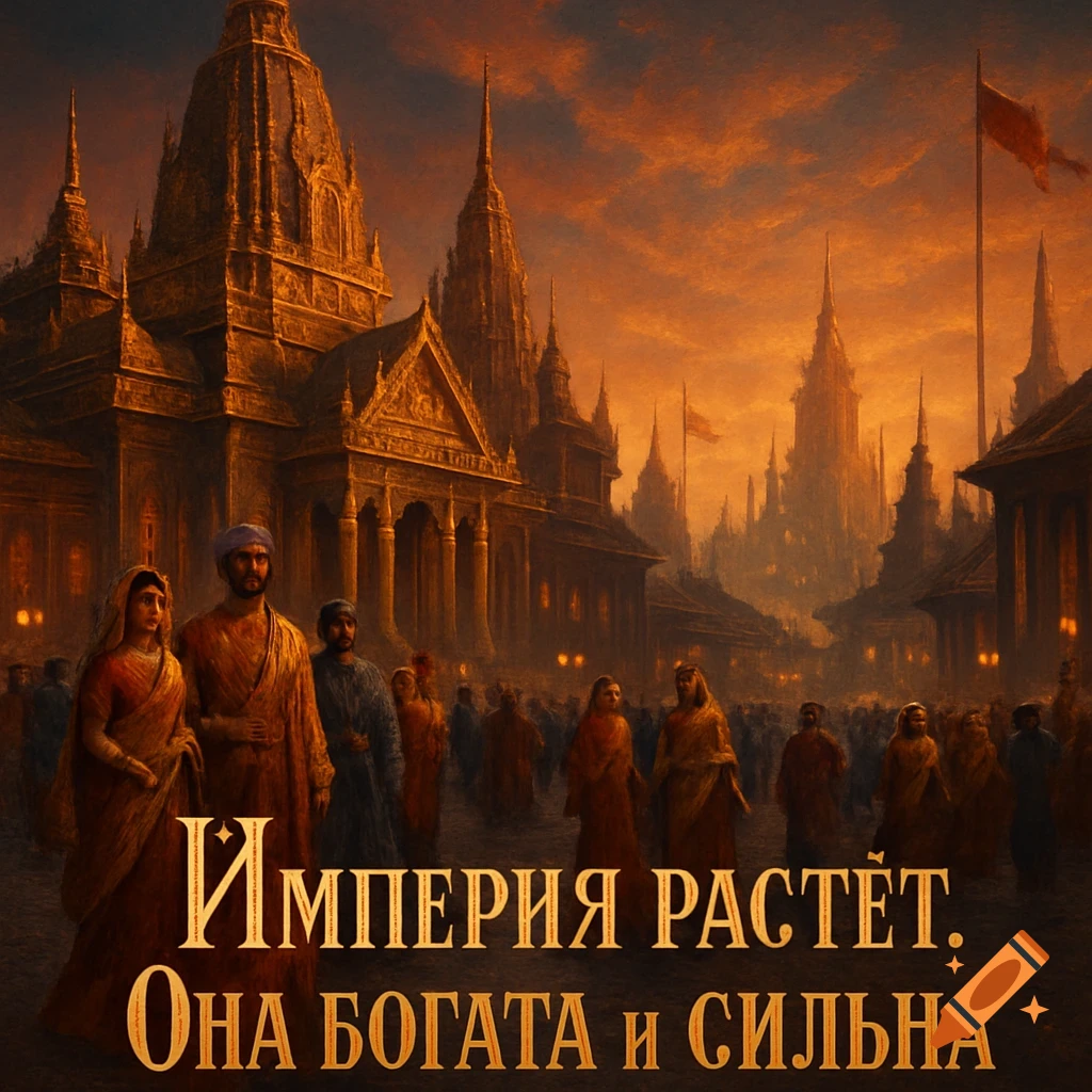 A bustling ancient city with towering golden temples and numerous people under a dramatic sunset sky.