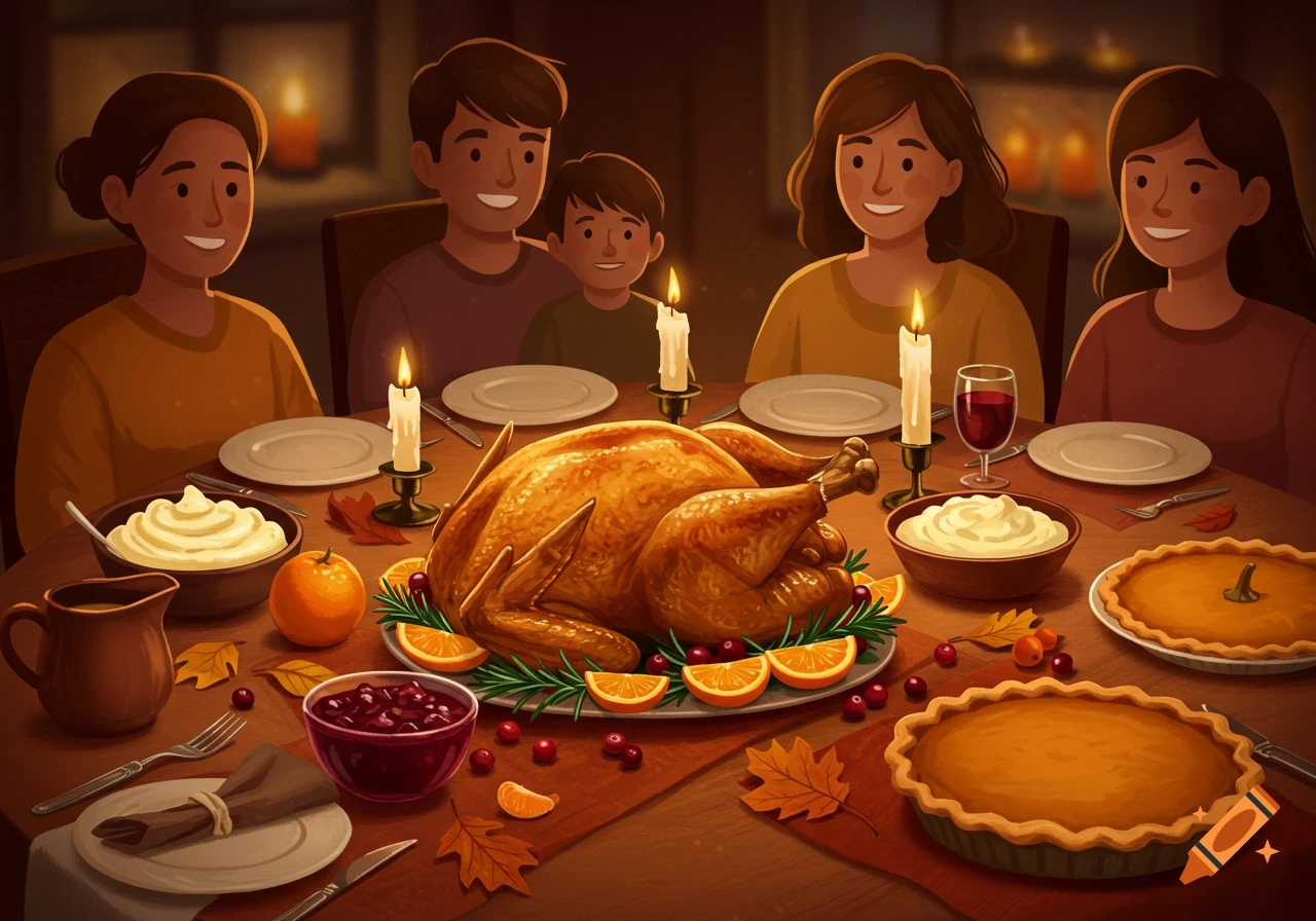 Cartoon illustration of a family enjoying a candlelit Thanksgiving dinner with a roasted turkey and pies.