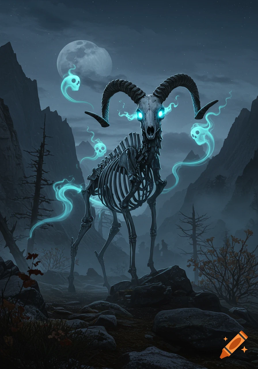 Skeletal goat-like creature with glowing blue eyes and horns, surrounded by ghostly skulls, stands in a dark, moonlit mountain landscape.