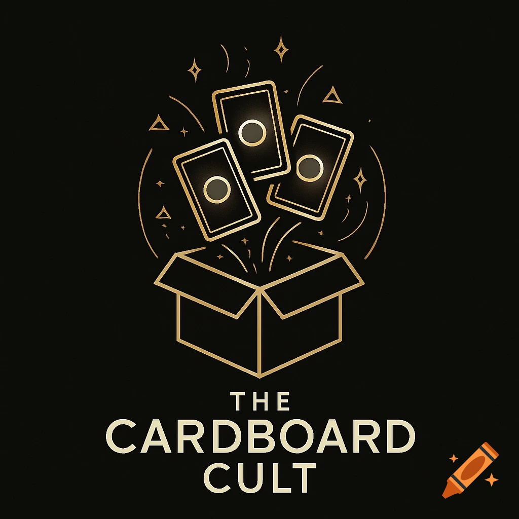 Gold minimalist logo on black background: three trading cards float from an open box, surrounded by stars. Text reads 'THE CARDBOARD CULT'.