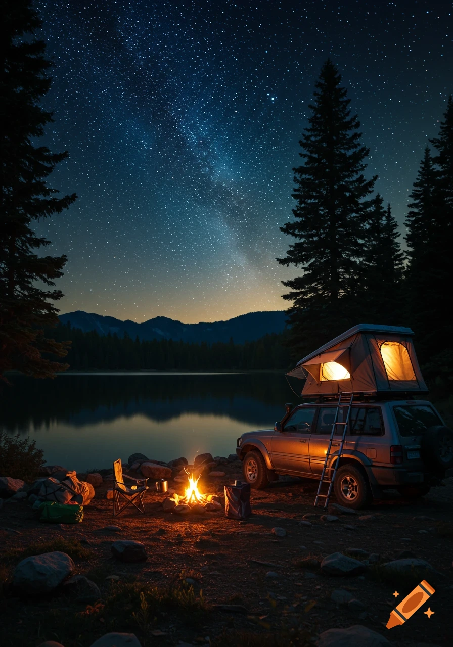 A photorealistic image of a car with a rooftop tent pitched next to a campfire by a lake, under a clear starry night sky with the Milky Way visible. Tall pine trees frame the scene.