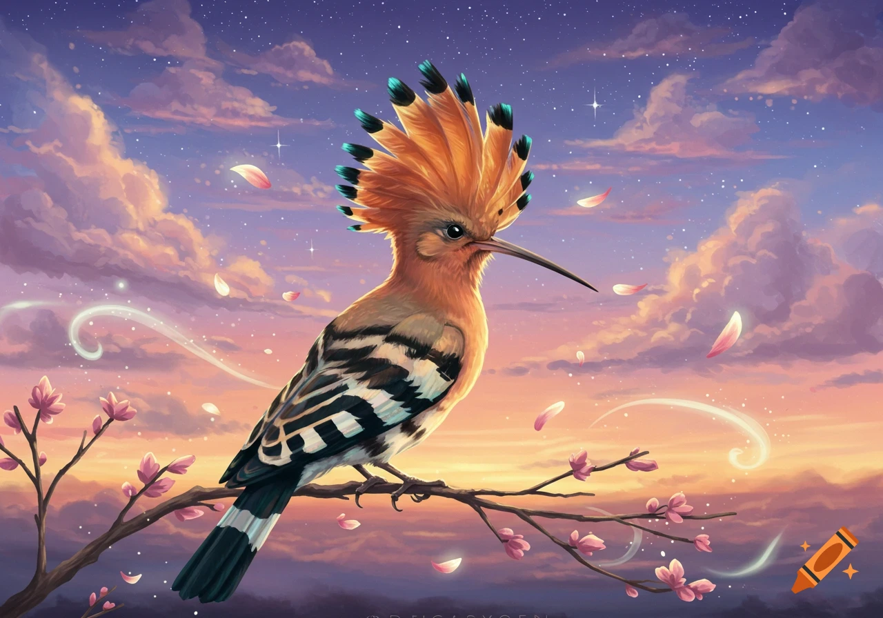 A stylized hoopoe bird with an orange crest perches on a cherry blossom branch against a vibrant pink and purple sunset sky with stars.