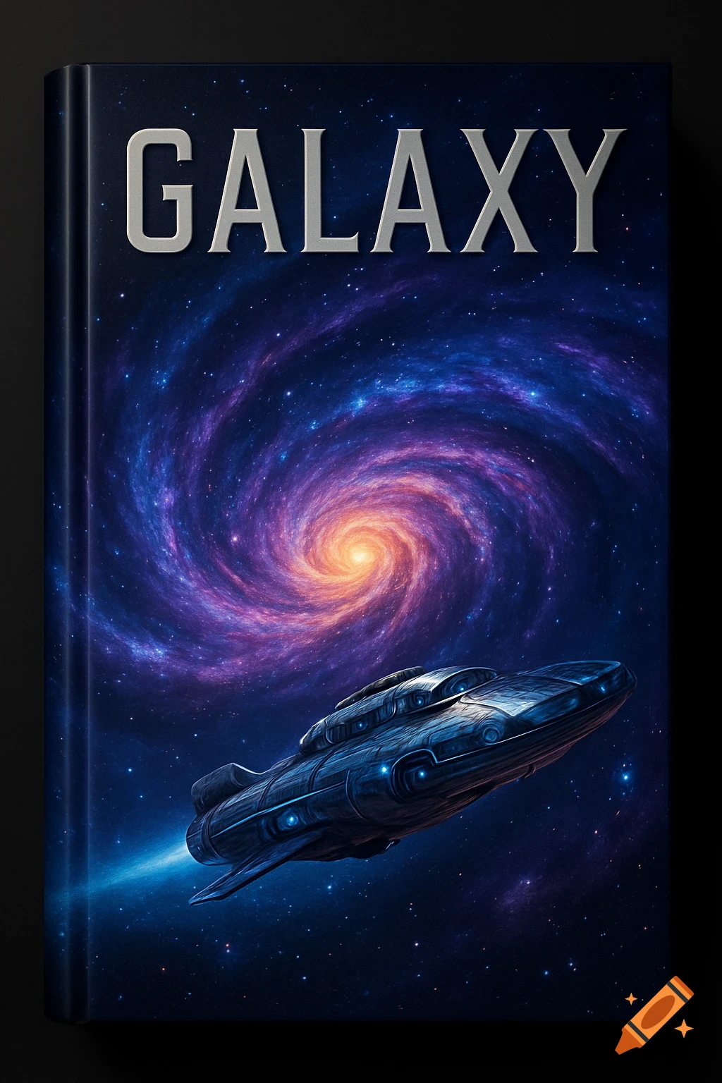 A 3D ebook cover showing a metallic spaceship flying through a vibrant, swirling purple and orange galaxy. The title 'GALAXY' is at the top.