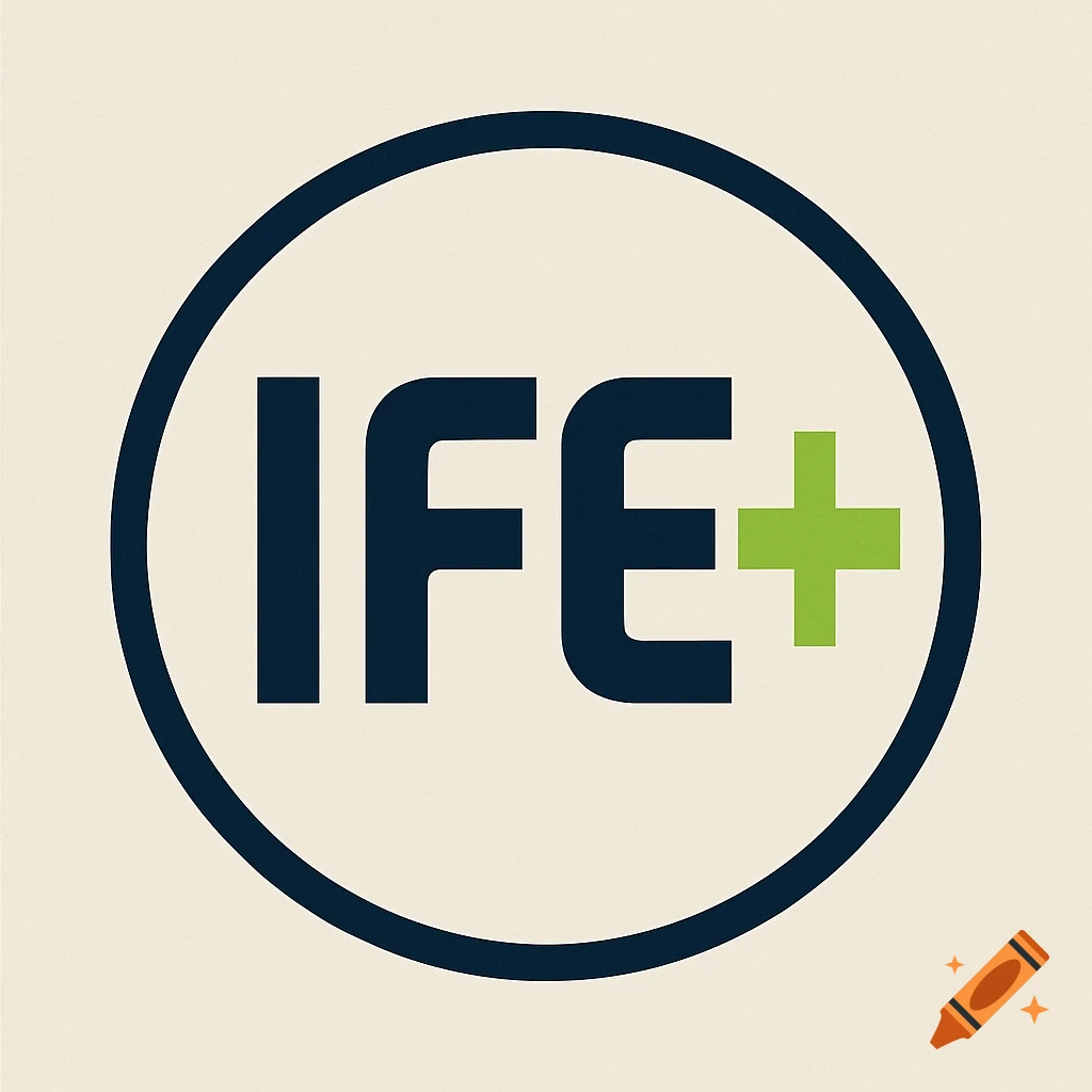 A brand logo with dark blue 'IFE' and a green plus sign inside a dark blue circle on a cream background.