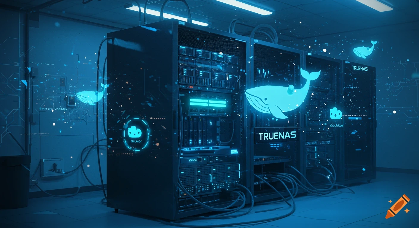 An illuminated server room in blue tones, featuring server racks, network cables, and glowing Docker whale logos, with "TRUENAS" branding.