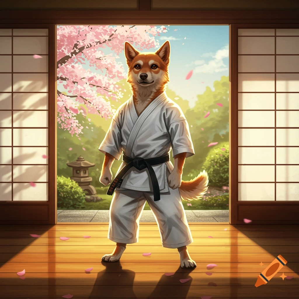 A serious Shiba Inu dog in a white karate gi and black belt stands on a wooden floor, with a Japanese garden and cherry blossoms in the background. Digital art.