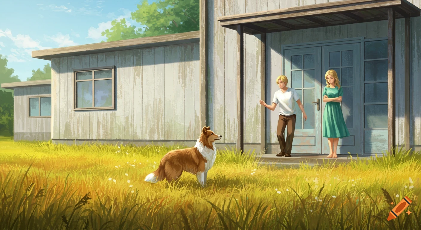 A man and a woman stand on the porch of a white wooden house. A collie dog sits in the tall golden grass in the foreground. Painting style.
