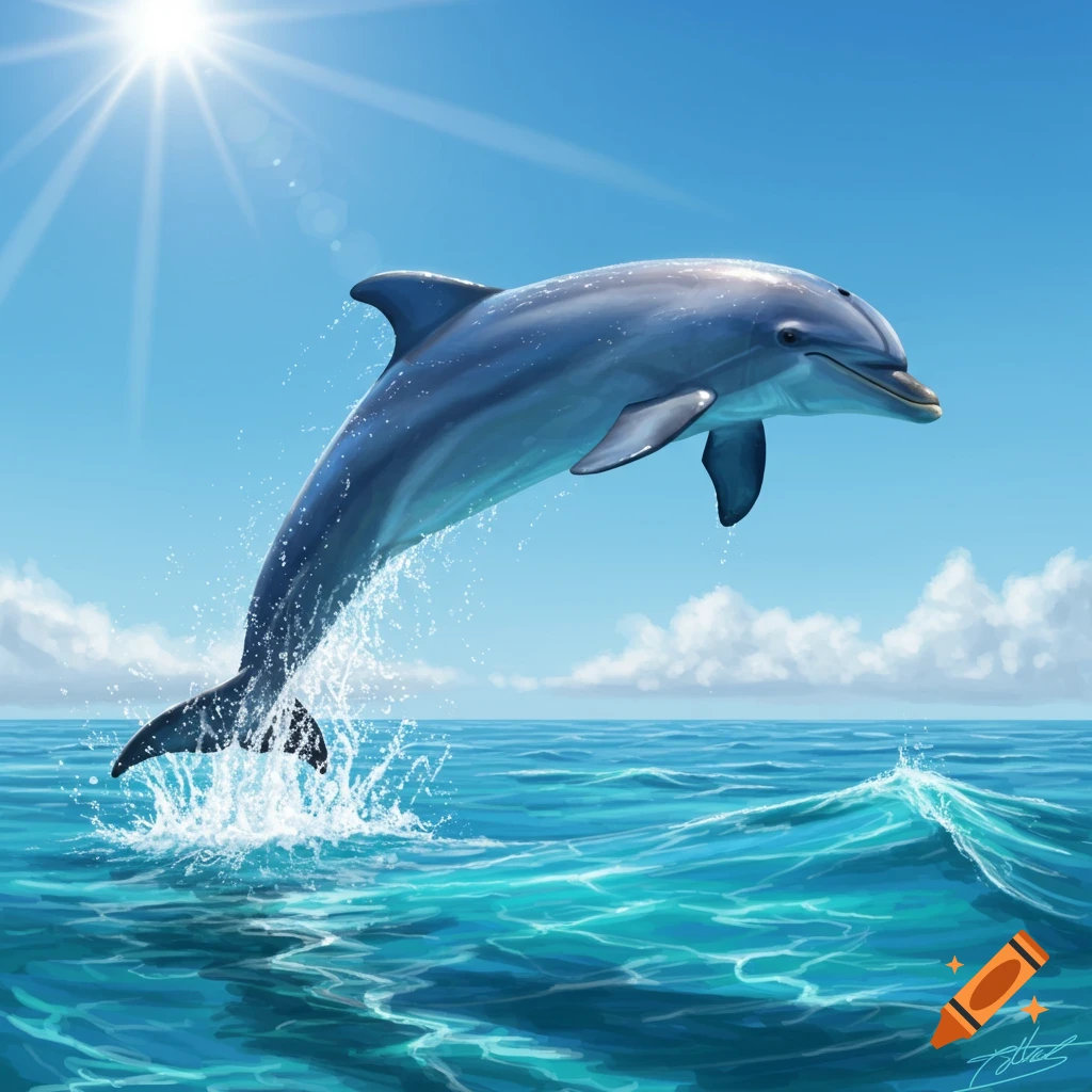 An illustration of a bottlenose dolphin gracefully leaping out of bright blue ocean water under a sunny sky.