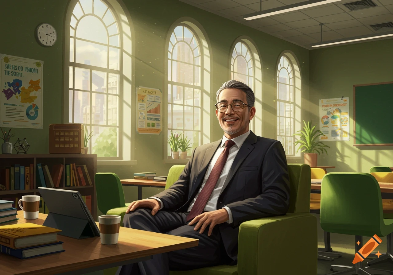 A smiling man with gray hair and glasses, wearing a suit, sits in a chair in a sunlit classroom or office, illustrated.