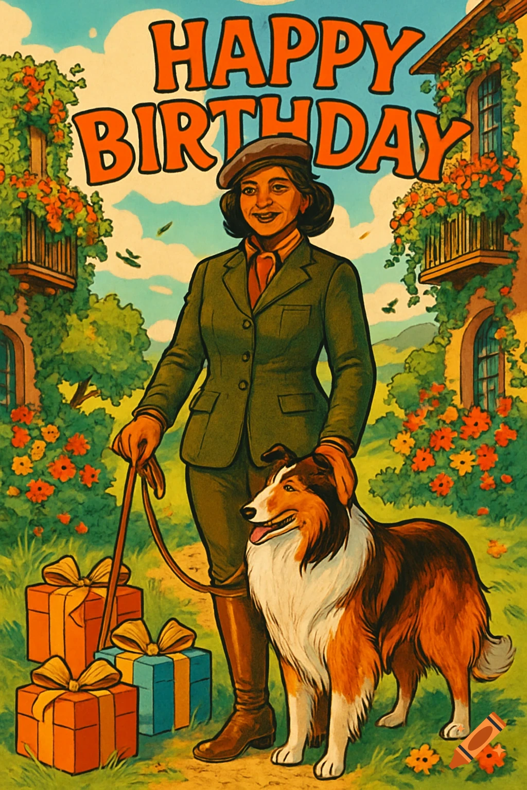 Vibrant comic illustration of a dark-haired woman in hunter attire with her Collie and gifts, with 'Happy Birthday' text.
