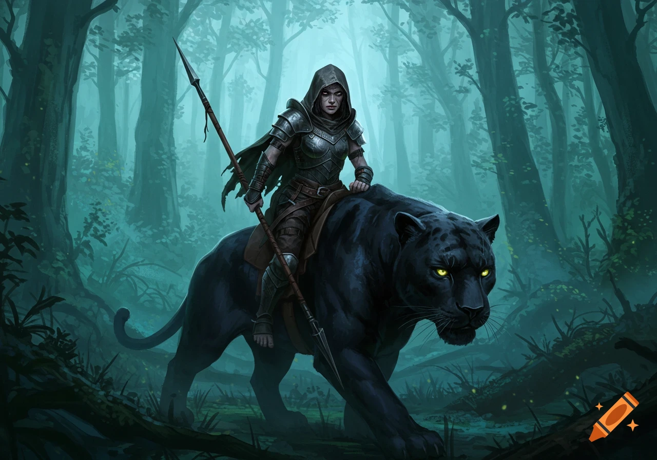 A hooded female warrior rides a black panther through a dense, misty forest in a digital fantasy artwork.