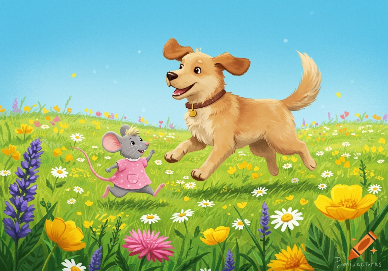 A cartoon golden retriever dog and a gray mouse in a pink dress run happily through a sunny spring meadow filled with colorful flowers.