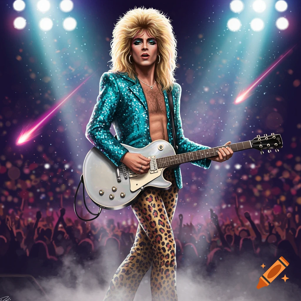 Male glam rock musician on stage, playing a guitar, wearing a sequined jacket and leopard print pants, with large blonde hair and stage lights.